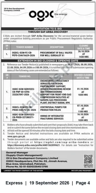 Newspaper clipping: OGDCL E‑Bid: Procurement of Ball Valves for Well Gurgalot X1 & Tender Closing Extensions, Express, 19 Sep 2026