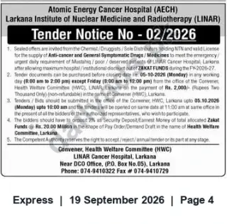 Newspaper clipping: LINAR Cancer Hospital Larkana Tender for Supply of Anti‑Cancer & General Medicines (Zakat Funds) — Closing 2026-10-05, Express, 19 Sep 2026
