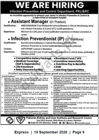 Newspaper clipping: PKLI&RC Hiring: Assistant Manager and Infection Preventionists in Lahore, Express, 19 Sep 2026