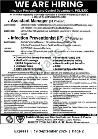 Newspaper clipping: PKLI&RC Hiring: Assistant Manager (IPC) and Infection Preventionists, Express, 19 Sep 2026