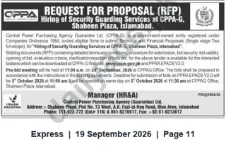 Newspaper clipping: RFP: Hiring of Security Guarding Services at CPPA-G, Shaheen Plaza Islamabad, Express, 19 Sep 2026