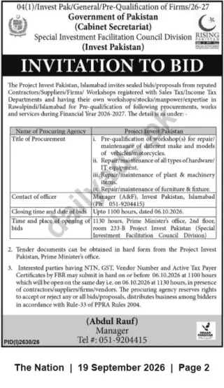 Newspaper clipping: Invest Pakistan Invitation to Bid — Pre-Qualification of Workshops & Maintenance Service Providers (Bids due 2026-10-06), The Nation, 19 Sep 2026