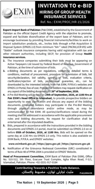 Newspaper clipping: EXIM Bank Pakistan e-Bid: Group Health Insurance Services (Ref. EXIM/PROC/HR-15/2026), The Nation, 19 Sep 2026