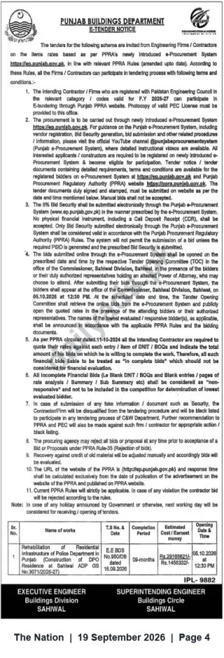 Newspaper clipping: Punjab Buildings Department e-Tender: Rehabilitation of Police Residential Infrastructure, Sahiwal, The Nation, 19 Sep 2026
