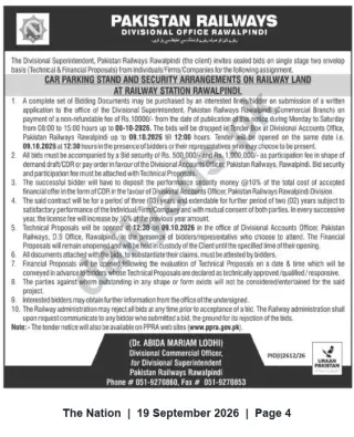 Newspaper clipping: Pakistan Railways Tender: Car Parking Stand & Security Arrangements at Rawalpindi Railway Station, The Nation, 19 Sep 2026