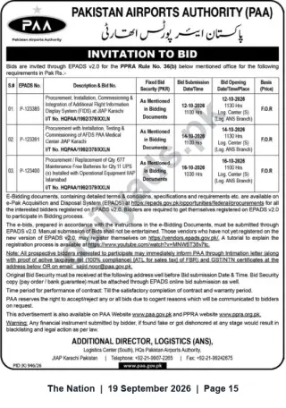 Newspaper clipping: Pakistan Airports Authority (PAA) Invitation to Bid — FIDS, Medical AFDS & UPS Battery Replacement (JIAP Karachi), The Nation, 19 Sep 2026