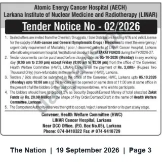 Newspaper clipping: Tender Notice No. 02/2026 — Supply of Anti‑Cancer & General Drugs for LINAR (AECH Larkana), The Nation, 19 Sep 2026