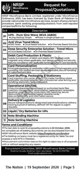 Newspaper clipping: NRSP Microfinance Bank RFP / Quotations for IT, Card Production, UPS, Logistics & Security Supplies – Closes 2026-10-02, The Nation, 19 Sep 2026