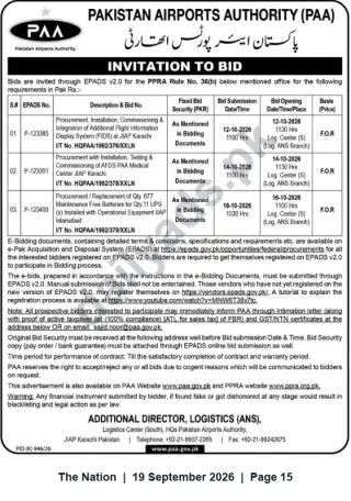 Newspaper clipping: PAA Invitation to Bid — FIDS, AFDS Medical Centre & UPS Battery Replacement at JIAP (Karachi/Islamabad), The Nation, 19 Sep 2026