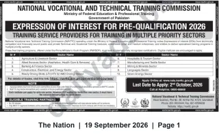 Newspaper clipping: NAVTTC Expression of Interest 2026 — Pre-Qualification for Training Service Providers (Apply by 2026-10-02), The Nation, 19 Sep 2026