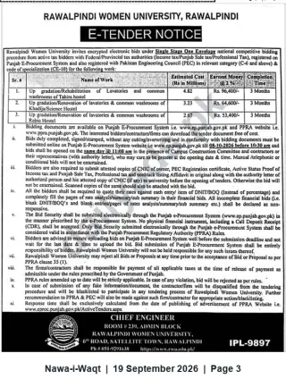 Newspaper clipping: Rawalpindi Women University E‑Tender for Renovation/Upgradation of Hostel Lavatories & Washrooms, Nawa-i-Waqt, 19 Sep 2026