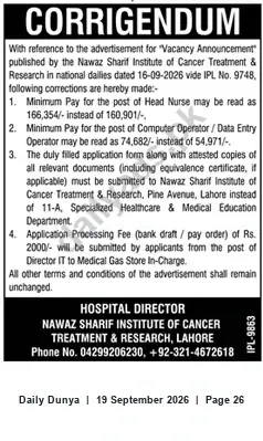 Newspaper clipping: Corrigendum: Vacancy Announcement — Nawaz Sharif Institute of Cancer Treatment & Research, Lahore, Dunya, 19 Sep 2026