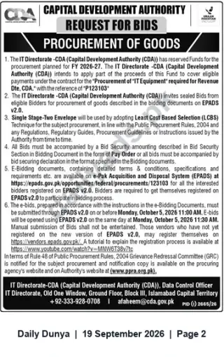 Newspaper clipping: CDA Request for Bids – Procurement of IT Equipment (EPADS Opportunity), Dunya, 19 Sep 2026