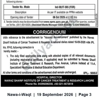 Newspaper clipping: Corrigendum — Submission Address Change for Vacancy Announcement, Nawaz Sharif Institute of Cancer Treatment & Research (IPL-9743), Nawa-i-Waqt, 19 Sep 2026
