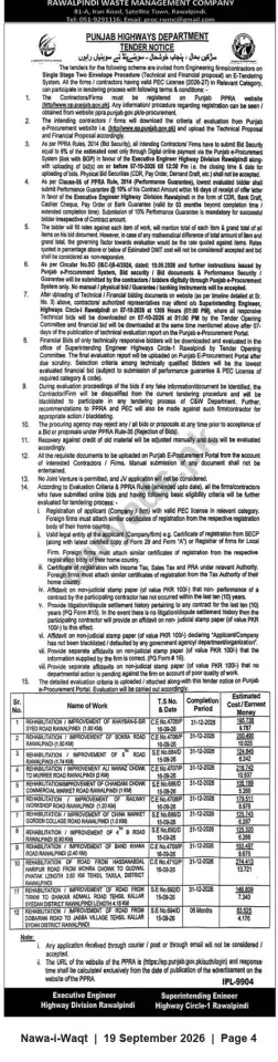 Newspaper clipping: Punjab Highways Department — Tender for Multiple Road Rehabilitation & Improvement Works in Rawalpindi (Bids due 2026-10-07), Nawa-i-Waqt, 19 Sep 2026