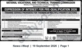 Newspaper clipping: NAVTTC Expression of Interest (EOI) — Pre-Qualification 2026 for Training Service Providers, Nawa-i-Waqt, 19 Sep 2026