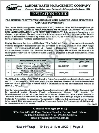 Newspaper clipping: LWMC Tender: Procurement of Winter Uniforms with Caps for Operations & Fleet (Lahore), Nawa-i-Waqt, 19 Sep 2026