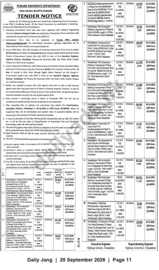 Newspaper clipping: Punjab Highways Department Tender - 17 Road Rehabilitation & Improvement Packages in Faisalabad (Closing 2026-10-05), Jang, 20 Sep 2026