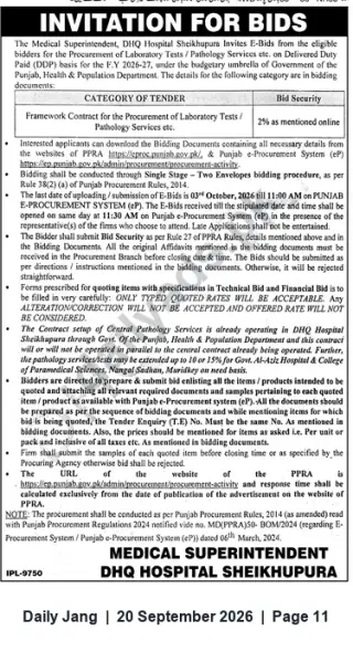 Newspaper clipping: Invitation for Bids – Procurement of Laboratory Tests / Pathology Services (DHQ Hospital Sheikhupura), Jang, 20 Sep 2026