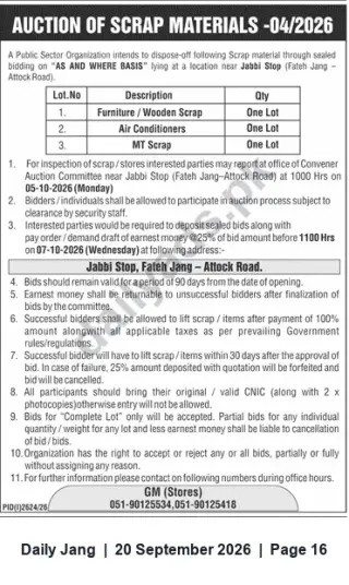 Newspaper clipping: Auction of Scrap Materials — Jabbi Stop (Fateh Jang – Attock Road) — Bid Closing 2026-10-07, Jang, 20 Sep 2026