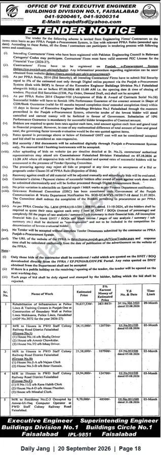 Newspaper clipping: E-Tender Notice — Executive Engineer Buildings Division No.1, Faisalabad, Jang, 20 Sep 2026