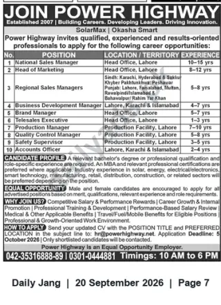 Newspaper clipping: Power Highway Careers — Multiple Sales, Marketing, Technical & Office Positions (Apply by 2026-10-05), Jang, 20 Sep 2026