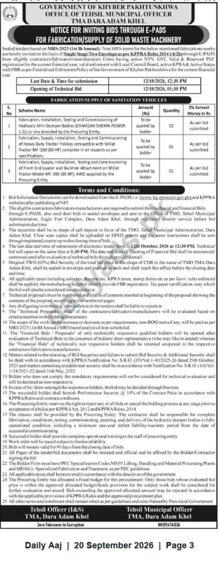 Newspaper clipping: TMA Dara Adam Khel Invites Bids for Fabrication/Supply of Sanitation Vehicles & Waste Machinery, Daily Aaj, 20 Sep 2026