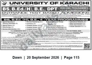 Newspaper clipping: University of Karachi — Entrance Test Admissions 2022 for BS, B.Ed (H), B.E. and DPT (Morning Programs), Dawn, 20 Sep 2026
