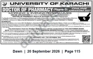 Newspaper clipping: University of Karachi — Doctor of Pharmacy (Pharm‑D) Morning & Evening Programmes Admissions, Dawn, 20 Sep 2026