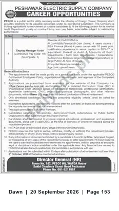 Newspaper clipping: PESCO Career Opportunity — 1 Post (Computer Literacy Required), Dawn, 20 Sep 2026