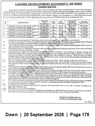 Newspaper clipping: Lahore Development Authority (UD Wing) Tender Notice, Dawn, 20 Sep 2026