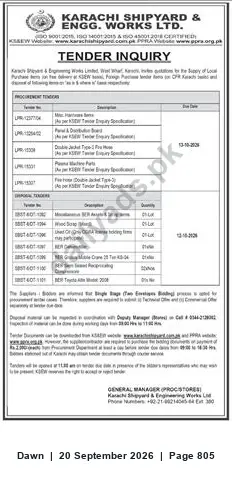 Newspaper clipping: Karachi Shipyard & Engineering Works Ltd. — Tender Inquiry, Dawn, 20 Sep 2026