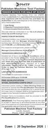 Newspaper clipping: Pakistan Machine Tool Factory Tender: Sale of Scrap (Steel Shaving Chips Pre-Qualification), Dawn, 20 Sep 2026
