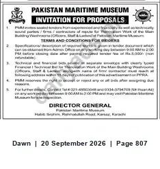 Newspaper clipping: Pakistan Maritime Museum Tender for Renovation Work of Main Building, Dawn, 20 Sep 2026