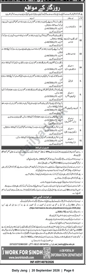Newspaper clipping: Public Sector Job Vacancies (Information Department, Sindh) – Apply via IBA Portal, Jang, 20 Sep 2026