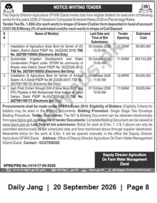 Newspaper clipping: Tender Notice — Deputy Director Agriculture OFWM Ziarat for Solar Bore & Irrigation Works (Oct 2026), Jang, 20 Sep 2026