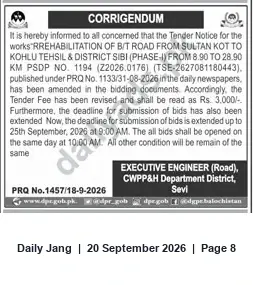 Newspaper clipping: Corrigendum: Rehabilitation of B/T Road from Sultan Kot to Kohlu (Phase‑I) — Bids Extended to 25 Sept 2026, Jang, 20 Sep 2026