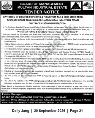 Newspaper clipping: Tender: Provision & Fixing of Tuff Tiles and Kerb Stones — Multan Industrial Estate (Contract #26/BOM/MIE/TB/2026), Jang, 20 Sep 2026