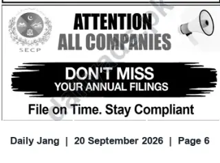Newspaper clipping: SECP Reminder: File Annual Filings on Time to Stay Compliant, Jang, 20 Sep 2026