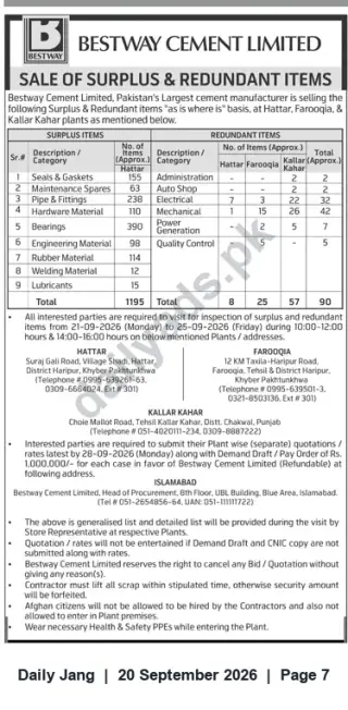 Newspaper clipping: Bestway Cement Limited — Sale of Surplus & Redundant Items (Hattar, Farooqia, Kallar Kahar), Jang, 20 Sep 2026