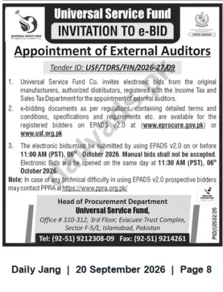 Newspaper clipping: USF Invitation to e-Bid: Appointment of External Auditors (Tender ID USF/TDRS/FIN/2026-27/09), Jang, 20 Sep 2026