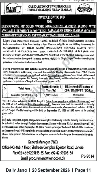 Newspaper clipping: Tender: Outsourcing Solid Waste Management Services — Faisalabad (Urban‑II), 4‑Year Contract (extendable), Jang, 20 Sep 2026