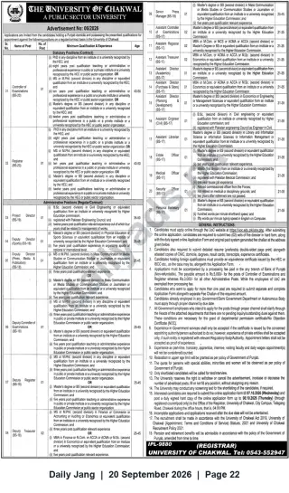 Newspaper clipping: University of Chakwal Jobs (Advertisement No. 06/2026) — Multiple Administrative & Support Posts (BS-17 to BS-20), Jang, 20 Sep 2026