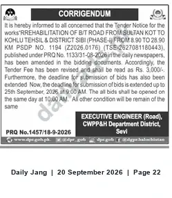 Newspaper clipping: Corrigendum: Rehabilitation of Bit Road Sultan Kot to Kohlu (Phase‑I) — Tender Fee Revised, Deadline Extended, Jang, 20 Sep 2026