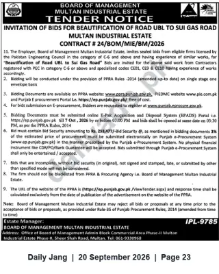 Newspaper clipping: Tender: Beautification of Road UBL to Sui Gas Road — Multan Industrial Estate (Contract #24/BOM/MIE/BM/2026), Jang, 20 Sep 2026