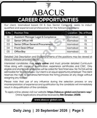Newspaper clipping: Islamabad Oil & Gas Jobs via Abacus — Apply by 2026-10-05, Jang, 20 Sep 2026