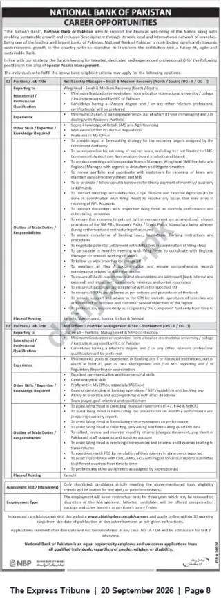 Newspaper clipping: National Bank of Pakistan — Special Assets: Remedial Management & MIS Officer Vacancies, The Express Tribune, 20 Sep 2026