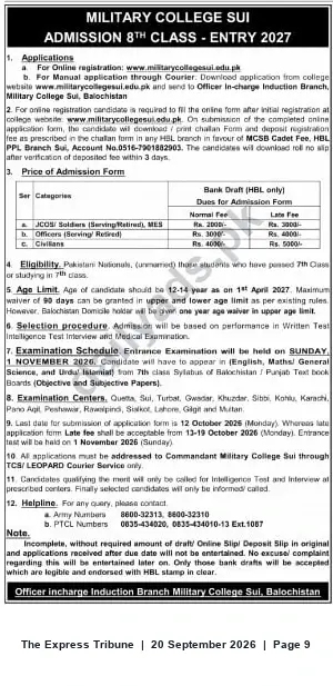 Newspaper clipping: Military College Sui — Admission to 8th Class (Entry 2027), The Express Tribune, 20 Sep 2026