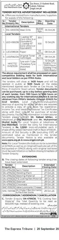 Newspaper clipping: SNGPL Tender Notice – International & Local Tenders (Oct 2026) – Gas House Lahore, The Express Tribune, 20 Sep 2026