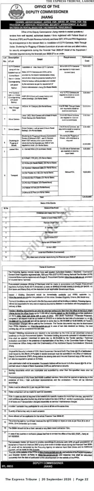 Newspaper clipping: Tender: Hiring Firms for Security, Surveillance & Allied Services (Rental) — Deputy Commissioner Jhang (FY 2026-27), The Express Tribune, 20 Sep 2026
